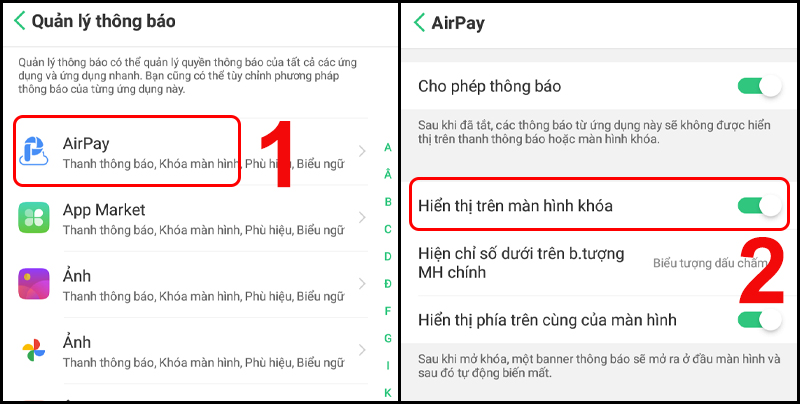 Thao t&aacute;c bật hoặc tắt th&ocirc;ng b&aacute;o ứng dụng tr&ecirc;n m&agrave;n h&igrave;nh kh&oacute;a